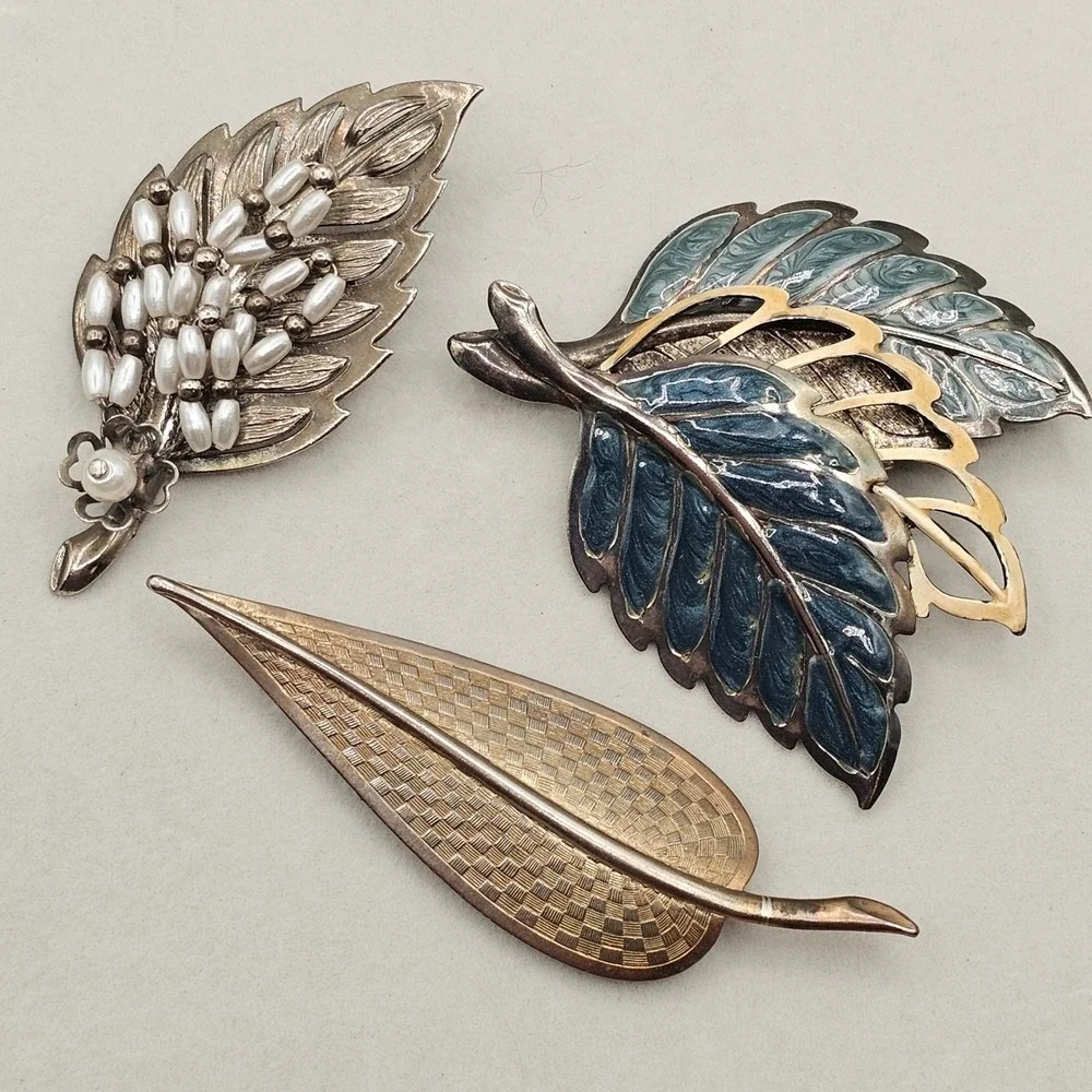 Vintage Leaf Brooch Pin Lot Statement Enamel Faux Pearl‎ Gold Silver Tone Nature